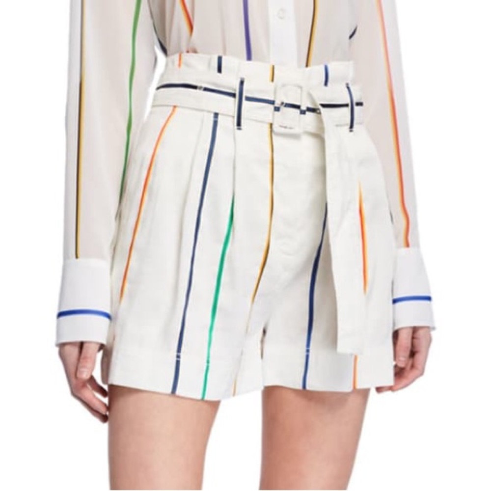 Derek Lam 10 Crosby High Rise Rainbow Striped Belted Linen Paperbag Short Size 6